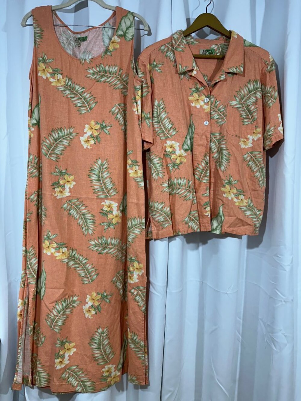 Tahiti Reef Club Tropical Linen Blend 2 Piece Set Maxi Dress Shirt XL Summer